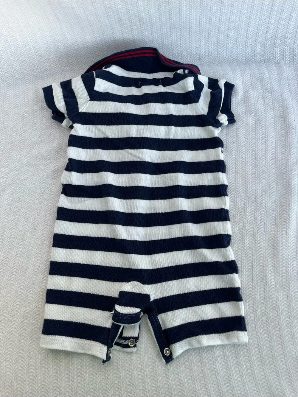 Ralph Lauren Navy & White Striped Polo Romper with Red Trim and Logo